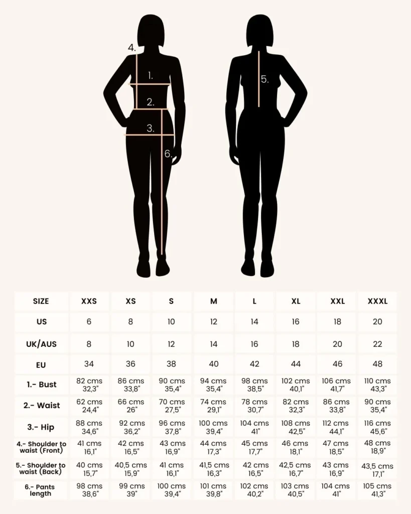 Size range chart for the capsule wardrobe sewing course patterns, from XXS to XXXL
