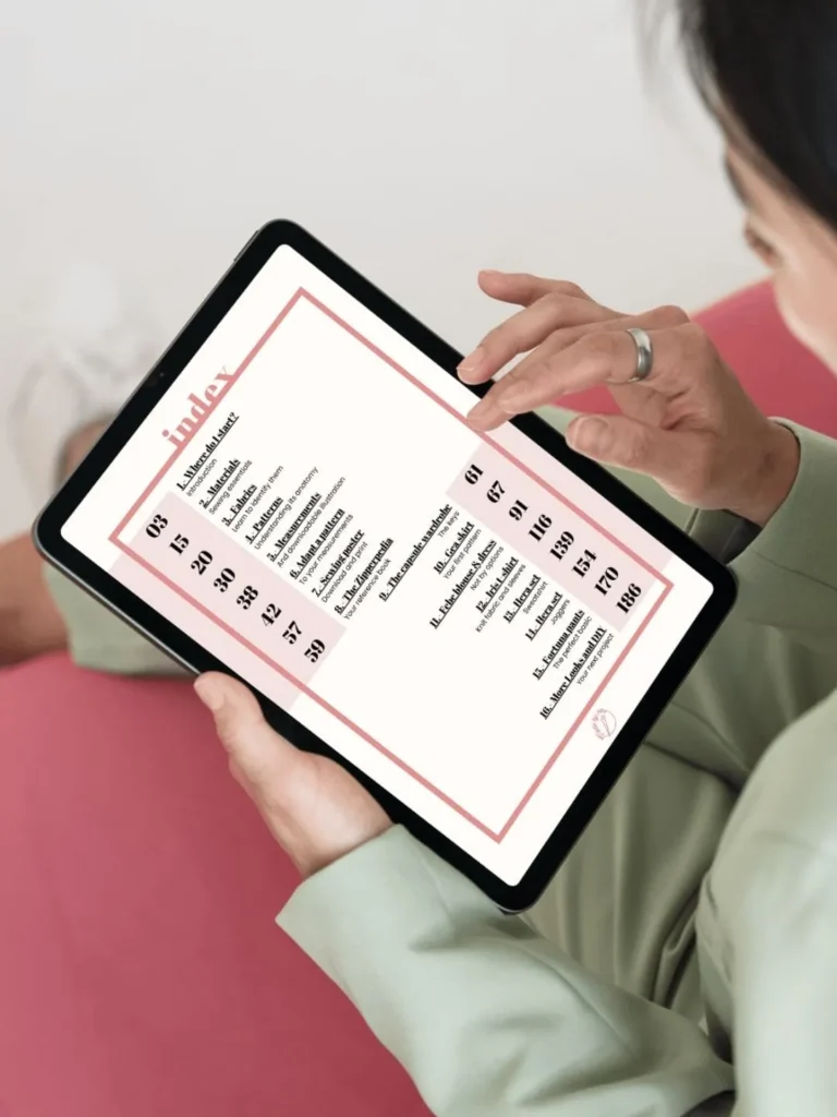 The detailed table of contents from the sewing manual, showing the complete sewing curriculum for beginners from tools to advanced adjustments.