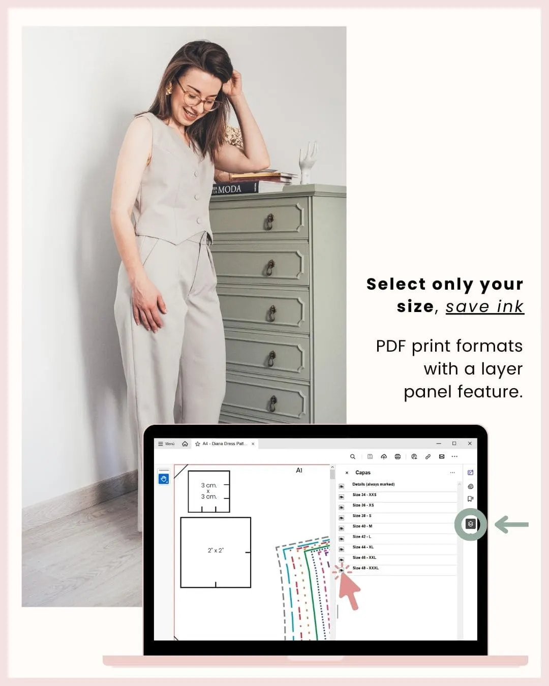 8 Women’s elastic-back waist pants sewing pattern - layered sizes Women’s elastic-back waist pants sewing pattern - layered sizes